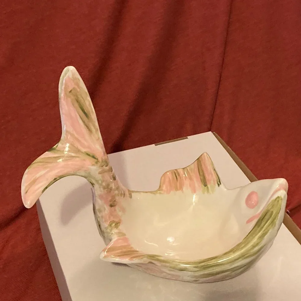VTG 1950's MCM Pink/Green Glazed Ceramic Fish-Soap/Jewelry Dish-9” L-5.25